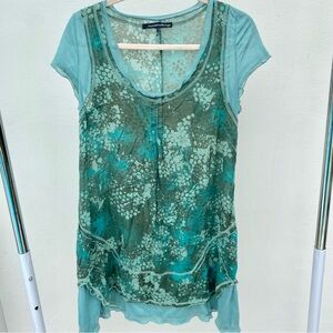 Y2K Euro French Blue Green Bacteria Print Splatter Tunic Top Size 10